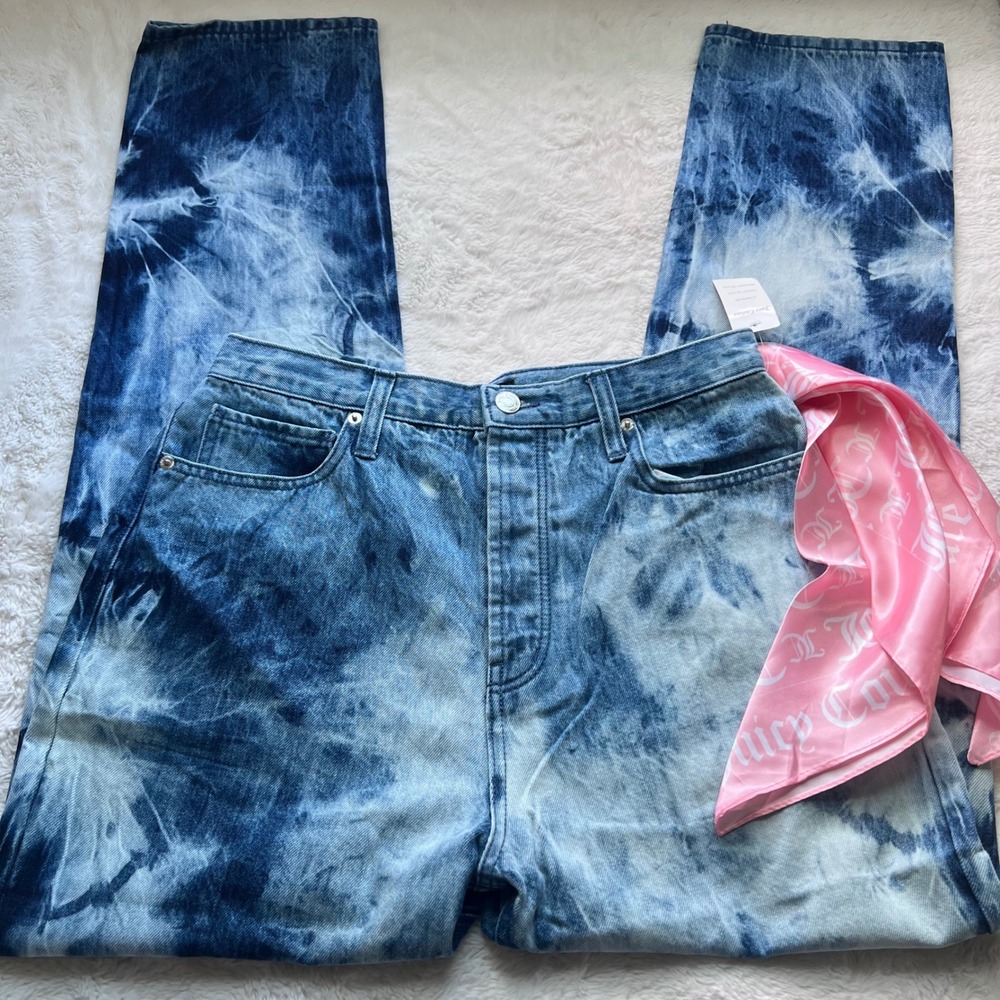Juicy Couture Relaxed Tie Dye Jeans Indigo Blue High Rise Straight Leg Size 28